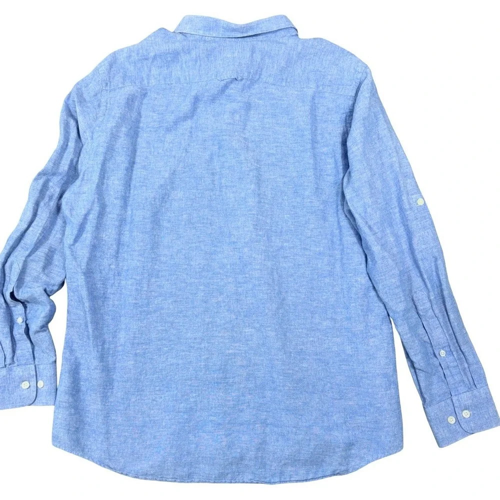 Banana Republic Mens Linen Cotton Shirt L Cascade Blue Chambray Roll Up Sleeve